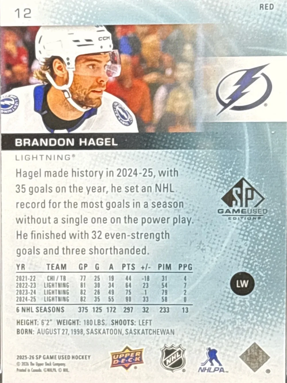 Upper Deck Brandon Hagel Tampa Bay Lightning Trading Card - Red